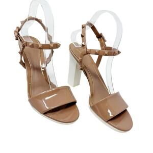 Valentino Rockstud Nude Patent Leather Block Heel Sandals 38.5 Designer Shoes